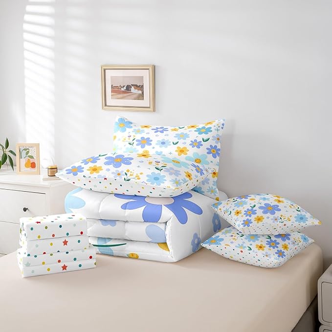Feelyou Cute Flower 7 Piece Bedding Set King Size Kids Cartoon Cute Floral Bed in a Bag for Girls Teens Blue Yellow Comforter Set with Sheets Kawaii Bed Set - Image 3