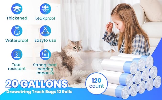 120 Pack Jumbo Cat Litter Bags-3MIL Extra Thick Leakproof Litter Box Liners, 37"x18" Heavy Duty Drawstring Cat Litter Liners for Automatic Litter Box, Odor Control Disposable Kitty Litter Bags 12 Roll - Image 7