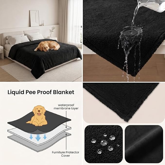 Waterproof Pet Blankets for Medium Dogs Small Cats Black Calming Pets Sherpa Blanket Fluffy Bed Sofa Couch Covers Puppy Leakproof Washable Cover for Warm-Black,M-57x40in - Image 2