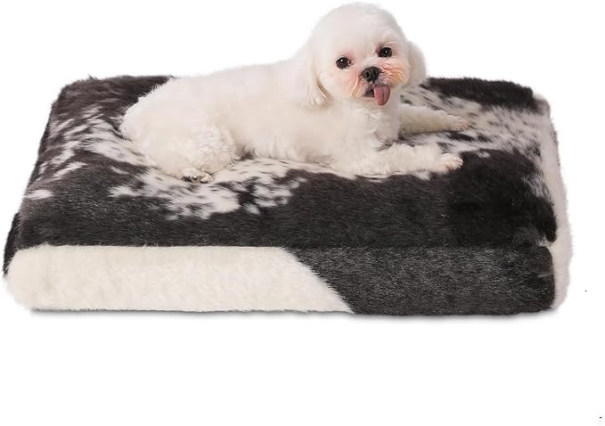 Bedfolks Waterproof Crate Bed, Plush Dog & Cat Bed with Removable Washable Cover, Faux Fur Kennel Pad, 21"x13", Black-White Cowhide by Bedfolks