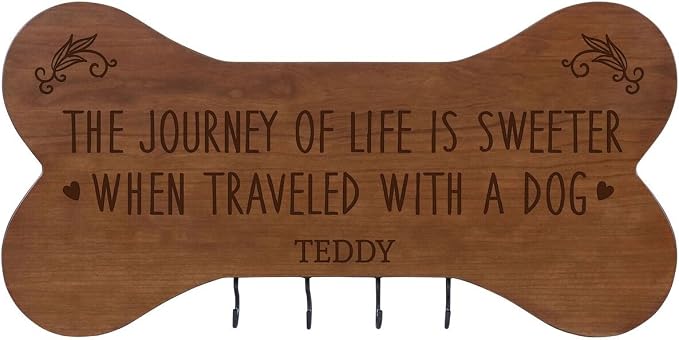 Rooms Organized Personalized The Journey of Life Wall Mounted Dog Bone Pet Leash Rack,Dog Collar Holder New Home Decor Gift Ideas and 4 Hooks 16" L x 8" H 2.5." deep (Cherry) - Image 2