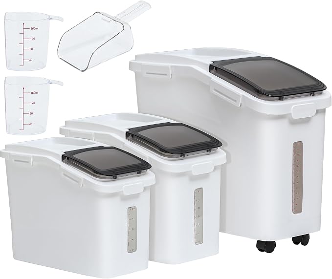 YITAHOME Ingredient Storage Bin, 20.6 Gal(11.4+5.8+3.4 Gal) Commercial Rice Flour Storage Container 500 Cups Storage Bins with Wheels Shelf-storage Bin with Scoop and Lid, Rice Bin for Kitchen, White by YITAHOME