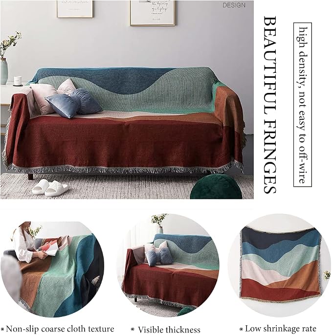 Reversible Knitted Patchwork Color Couch Cover Woven Decor Blanket Sofa Covers for Living Room Knit Futon Covers Sofa Slipcovers for Pets Couch Protector for Dogs Boho Furniture Covers, 71"X 118" - Image 2