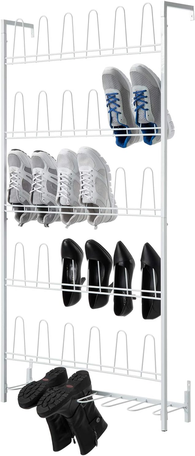 MyGift Matte White Metal Wall Mounted Shoe Rack, Holds 18 Pairs | Modern white metal wall shoe rack stores up to 18 pairs of shoes and boots while saving closet, mudroom, and entryway storage by MyGiftHome