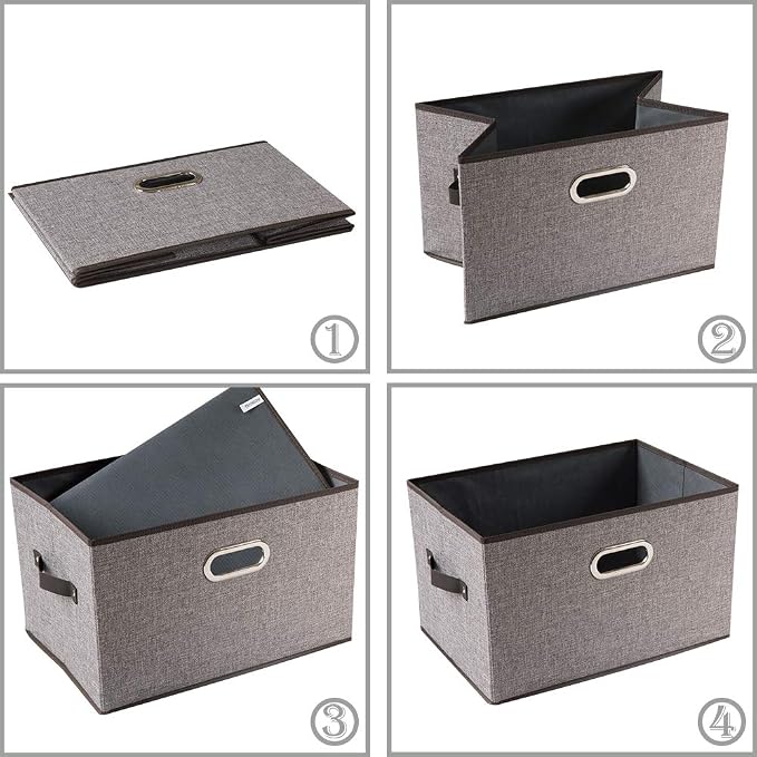 PRANDOM Larger Collapsible Storage Bins for Closet [5-pack] Decorative Linen Fabric Storage Baskets Cubes with Leather/Metal Handles for Living Room Grey (17.3x12.2x10.4 Inch) - Image 6