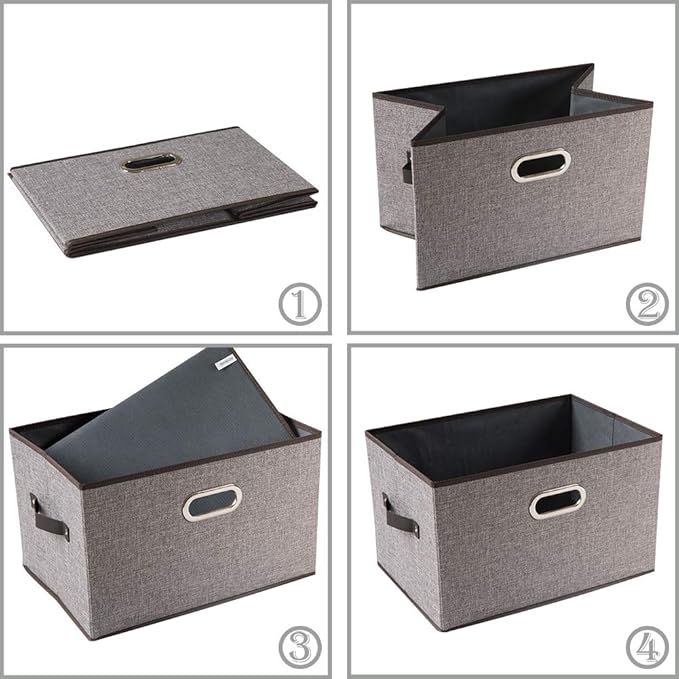 PRANDOM Larger Collapsible Storage Bins for Closet [3-pack] Decorative Linen Fabric Storage Baskets Cubes with Leather/Metal Handles for Living Room Cloth Grey and Black Trim (17.3x12.2x10.4 Inch) - Image 5