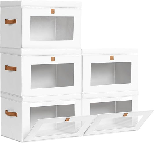 Homsorout Large Closet Storage Bins - Collapsible Clothes Organizer with Handles & Window, Decorative Boxes with Lids, Linen Closet Organizers for Living Room, Dorm, 5 Pack, White by Homsorout