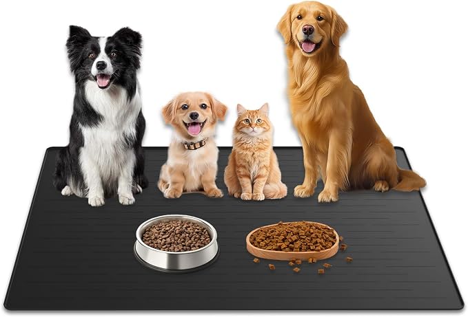 48"x32" Extra Large Pet Food Mat, 1.5MM Super Thick Silicone Dog Mats for Food and Water, XXXL Nonslip Pet Feeding Mats for Floors,Dog Cat Bowl Mat with Raised Edges, Black by WelcometoULTIBE