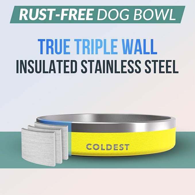 Coldest Dog Bowl - Anti Rust Metal, Non Slip, 3 Layers Insulated Stainless Steel Dog Bowls - Spill Proof & Heavy Duty - Water Bowl for Dogs, Cats & Pets, Dish Washer Safe (21 oz, Solar Yellow) - Image 3