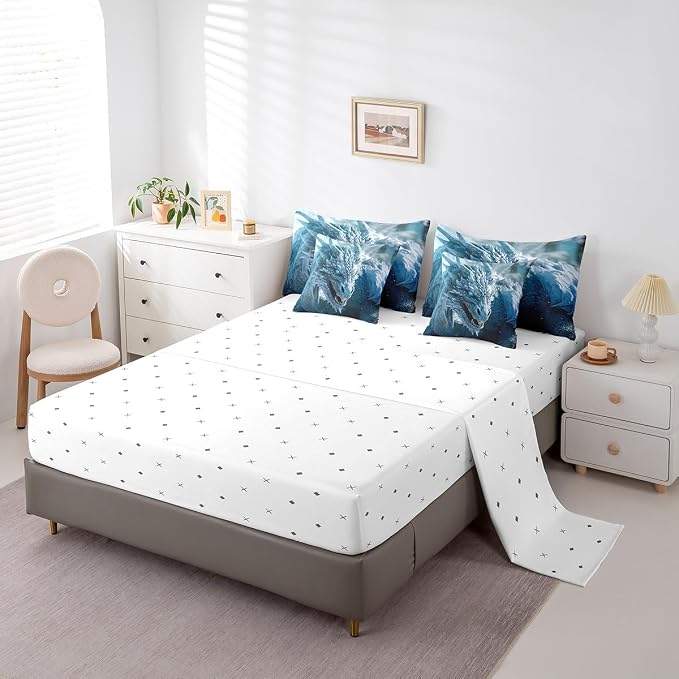 7Pcs 3D Dragon Comforter Sets & Collections Ice Dragon Queen Size Bedding Sets for Boys 3D Blue Dragon Comforter with Sheets, Mysterious Wildlife Style Quilt Comforter Set Bed in a Bag 7-Piece - Image 4