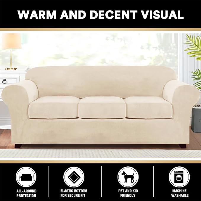 PrinceDeco Velvet Couch Covers for Sofa Soft 4 Pieces Couch Covers for 3 Cushion Couch Sofa Pet Friendly Furniture Protector with Non Slip Elastic Bottom Width Up to 90 Inch (Large, Cream) - Image 6
