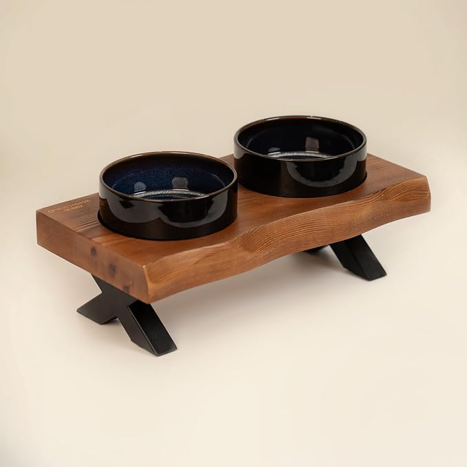 CHEERHOME PETS Raised Cat Ceramic Bowls for Small and Medium Dog, Solid Wooden Dog Food Bowl with Stand, Food Feeding Dishes Water Bowl for Cats and Puppy(Grilled Pine Wood) by CHEERPALS
