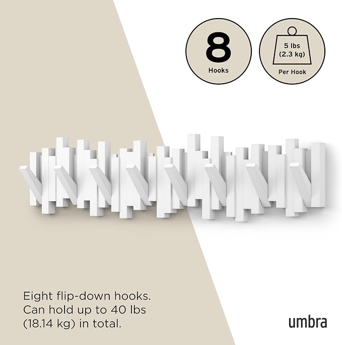 Umbra Sticks Wall Coat Rack, Wall Mount 8 Retractable Hooks, White | Modern sculptural look, holds five pounds each, fits entryways and bedrooms, easy to install, recycled plastic - Image 5