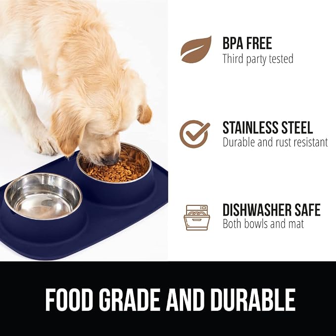 GORILLA GRIP Dog Bowl Set with Slip Resistant Silicone Feeding Mat, 3 Cup, Food Grade 304 Stainless Steel Bowls, BPA Free, High Edge Spill Containment, Dishwasher Safe, Finger Notch Removal, Navy Blue - Image 5