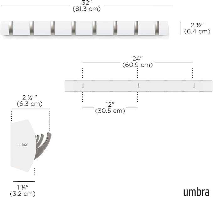 Umbra Flip Coat Rack, Wall Mount 8-Hook, Space Saving, White | Real wood and steel build, retractable hooks fold flat, holds coats bags and scarves, easy install - Image 3