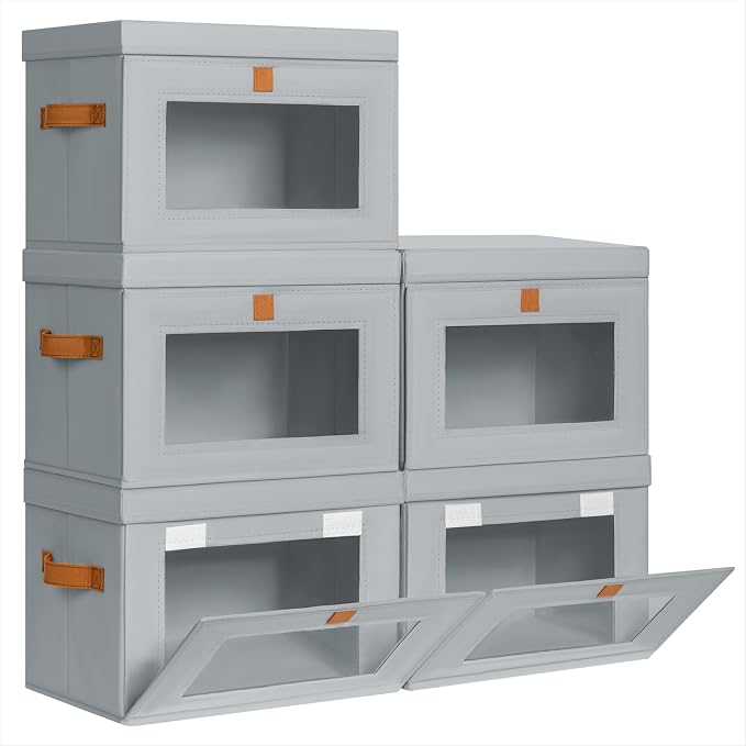 Homsorout Medium Fabric Storage bins - Collapsible Storage Bins with Open Window, 5 Pack Closet Baskets for Shelves, Stackable Decorative Boxes for Home, Dorm, Grey, 13.7"x 9.8" x 9.8" by Homsorout