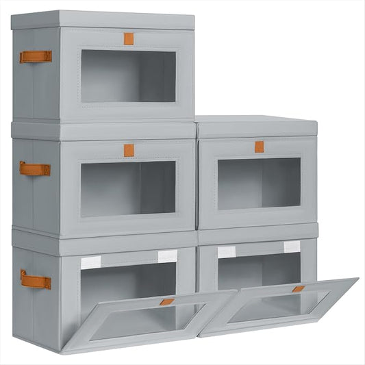 Homsorout Medium Fabric Storage bins - Collapsible Storage Bins with Open Window, 5 Pack Closet Baskets for Shelves, Stackable Decorative Boxes for Home, Dorm, Grey, 13.7"x 9.8" x 9.8" by Homsorout