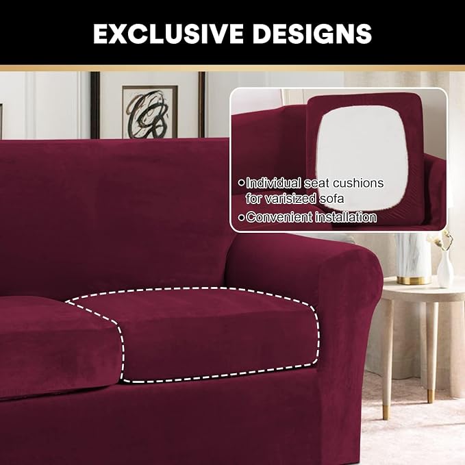 PrinceDeco Velvet Couch Covers for Sofa Soft 4 Pieces Couch Covers for 3 Cushion Couch Sofa Pet Friendly Furniture Protector with Non Slip Elastic Bottom Width Up to 97 Inch (Large Sofas, Burgundy) - Image 5