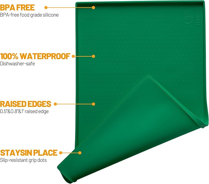Hubulk Dog Feeding Mat,100% Waterproof Food Grade Silicone Pet Food and Water Bowl Placemat,Dishwasher, High Raised Edge to Prevent Spills,Nonslip Tray to Stop Messes on Floor(19"x12"x0.5",Hunter - Image 2