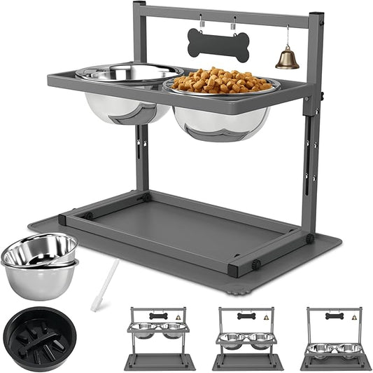 SHAINFUN Grey Raised Dog Bowl Stand with Two 1700ml Stainless Steel Food Bowl, a Slow Feeder and Silicone Pet Feeding Mat, Adjustable Dog Feeder, Elevated Dog Bowls for Large Medium and Small Dogs by SHAINFUN