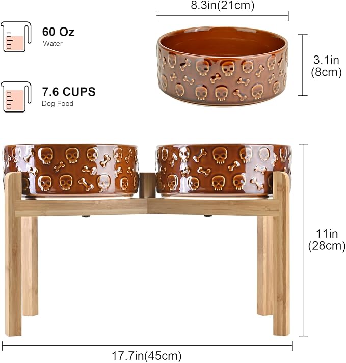 SPUNKYJUNKY Elevated Dog Bowls Ceramic, 8.3'' Dogs Food Water Bowls Raised with Non-Slip Bamboo Stand for Large Sized Breed Microwave Dishwasher Safe - 60 OZ,Skull Bronze - Image 2