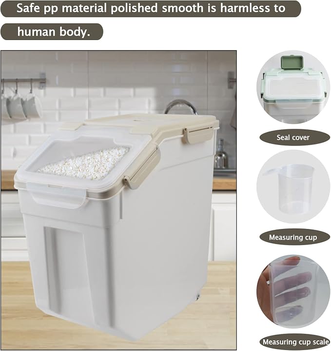 Large Flour Storage Container Bin 25lb, 4Pack Airtight Rice Storage Containers with Wheels Seal Locking Lid, BPA Free with Measuring Cup&Scoop for Flour, Rice, Grain(Gray) - Image 4