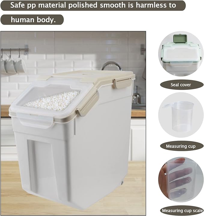 Large Flour Storage Container Bin 25lb, 4Pack Airtight Rice Storage Containers with Wheels Seal Locking Lid, BPA Free with Measuring Cup&Scoop for Flour, Rice, Grain(Gray) - Image 4