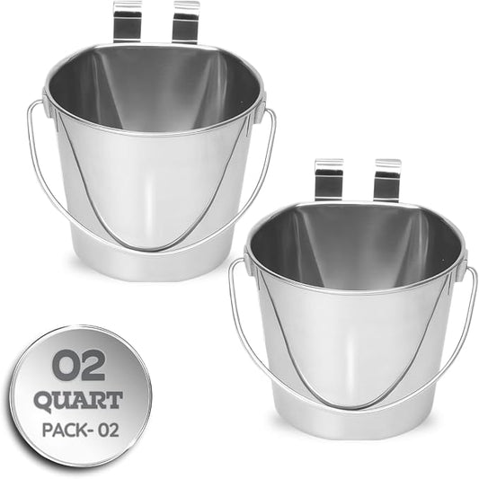 2 Quart Stainless Steel Flat Sided Bucket with Dual Hooks | 2 Pcs Durable Food & Water Bowl for Dog Cats Bird & Small Animals | Fits kennel Cage Crates Hanging Pet Pail | Multipurpose use by AASPIREPETS
