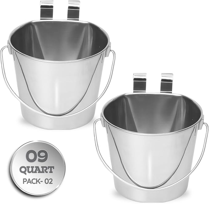 9 Quart Stainless Steel Flat Sided Bucket with Dual Hooks | 2 Pcs Food & Water Bowl for XL Dog Goat Cattle Horse & Livestock | Fits kennel Crate Cages Farm Hanging Pet Pail | Multipurpose by AASPIREPETS