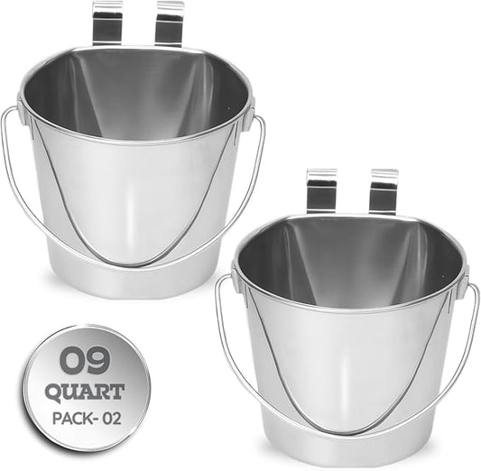 9 Quart Stainless Steel Flat Sided Bucket with Dual Hooks | 2 Pcs Food & Water Bowl for XL Dog Goat Cattle Horse & Livestock | Fits kennel Crate Cages Farm Hanging Pet Pail | Multipurpose by AASPIREPETS