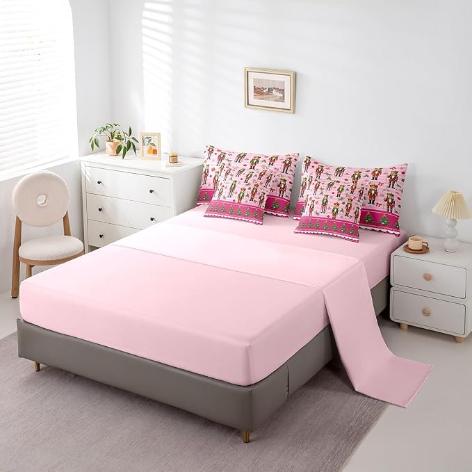 Erosebridal 7 Piece Christmas Nutcracker Kids Comforter Set King Bed in a Bag,Pink Christmas Bedding Set,Christmas Trees Bowknot Decor Sheets,Princess Magical Snowflake Duvet Insert Xmas Ornaments - Image 4