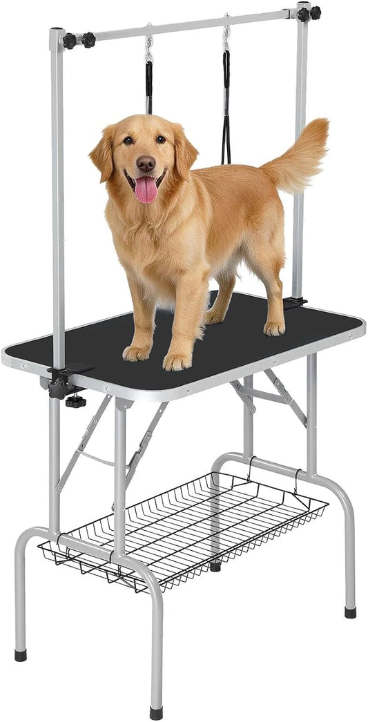 VINGLI Dog Grooming Table, Adjustable Cat Grooming Desktop with Arms and Storage Basket, Pet Grooming Stand at Home (Black, 36 inch) by VINGLI