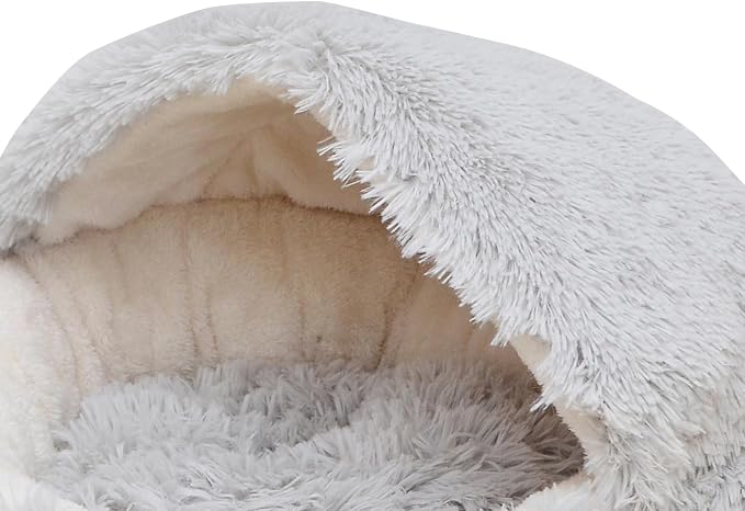 PetPals Round Cat Bed with Hoodie Cover and Removeable Washable Cushion | Super Soft Faux Fur Pet Bed with Cover for Puppies and Kittens or Ferrets Small Pets with Anti-Slip Bottom, Light Gray - Image 7