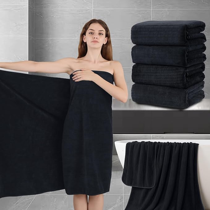 Extra Large Bath Sheet Set of 4,Ultra Soft Fluffy Towel,35”x 70”Oversized Bath Towel Set,Premium Microfiber Bathroom Towel Set Highly Absorbent Quick Dry Shower Towel for Bathroom,Hotel,Spa (Black) by JessyHome