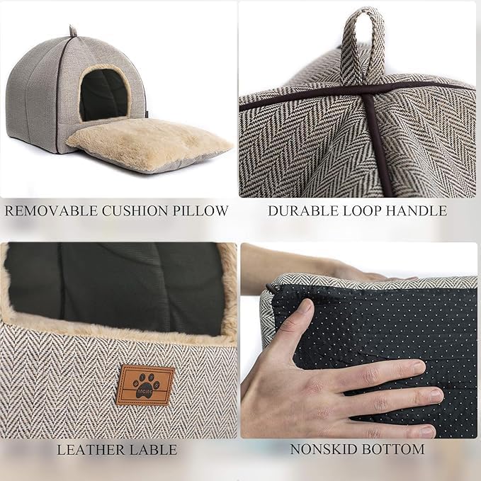 WINDRACING Cat Bed - Cat Cave House Tent with Washable Cushioned Pillow, Soft Kitten Beds, Pet Furniture (Large, Beige) - Image 5