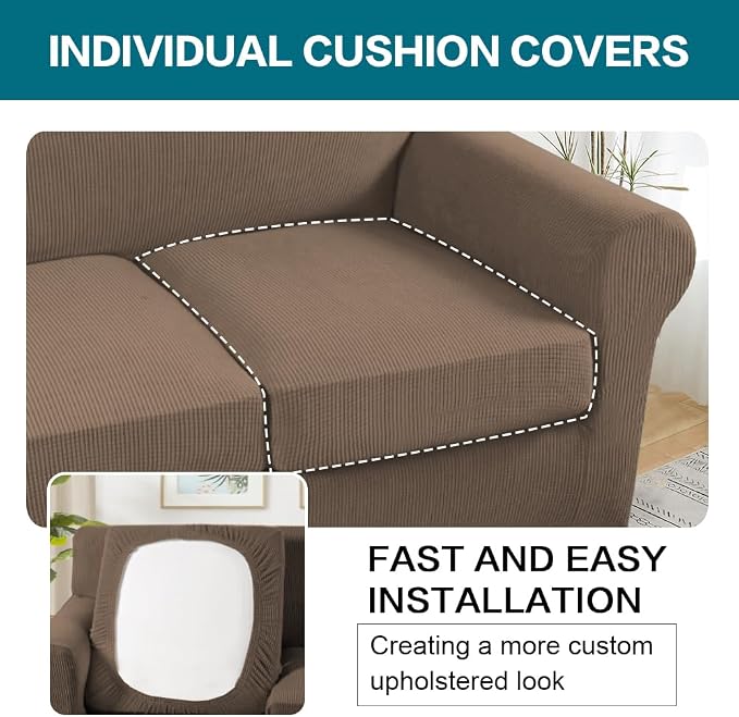 Turquoize 4 Piece Sofa Covers for 3 Cushion Couch Sofa Slipcover Soft Couch Cover for Dogs Washable Furniture Cover with 3 Individual Large Cushion Covers Feature Fabric (Large Sofa, Macchiato) - Image 5