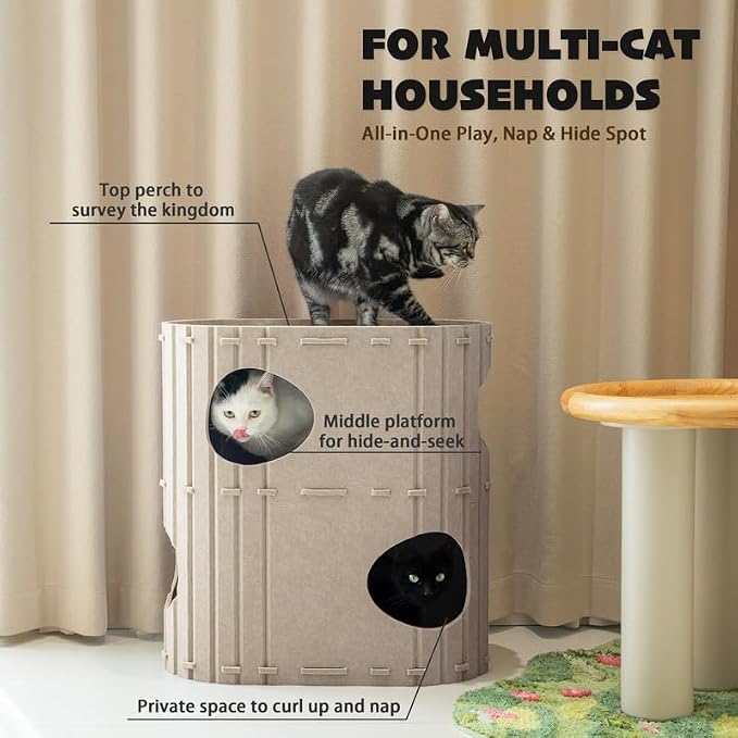PETKARAY 2-Story Felt Cat House, Large Bed Cave for Indoor Cats, Felt Tunnel Hideaway Condo for Multi-Cat Households, 23.6x22x12 inches, Grey - Image 3