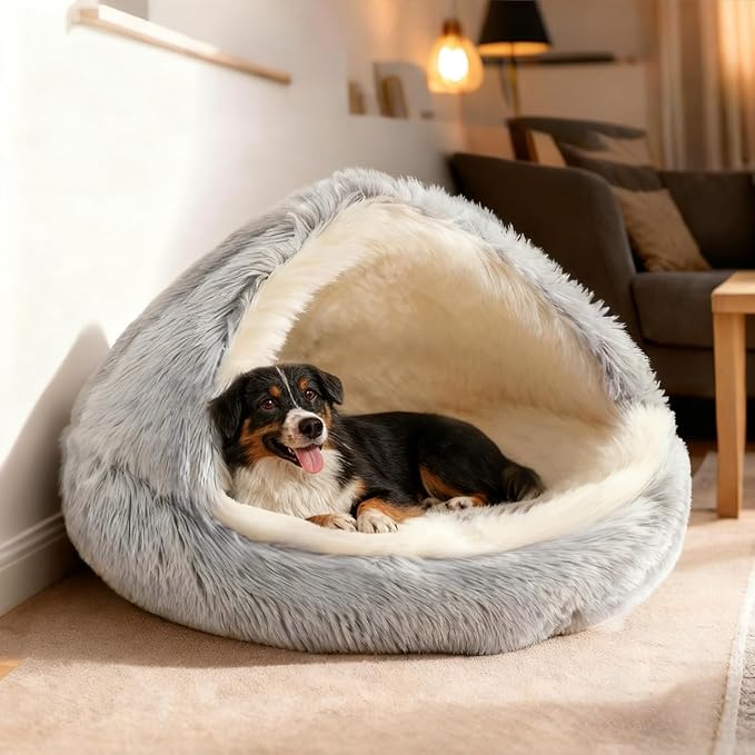 ShinHye Round Plush Fluffy Hooded Cat Bed Cave, Cozy for Indoor Cats or Small Dogs, Waterproof Bottom, Washable（35 in） - Image 5