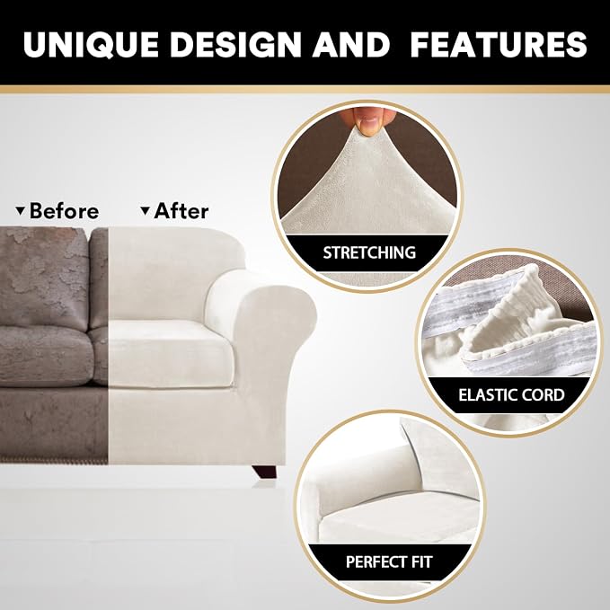PrinceDeco Velvet XL Couch Cover for Oversized Sofa 4 Piece Sofa Covers for 3 Cushion Couch Washable Furniture Protector with Non Slip Elastic Bottom Width Up to 105 Inch(X-Large, Porcelain) - Image 5
