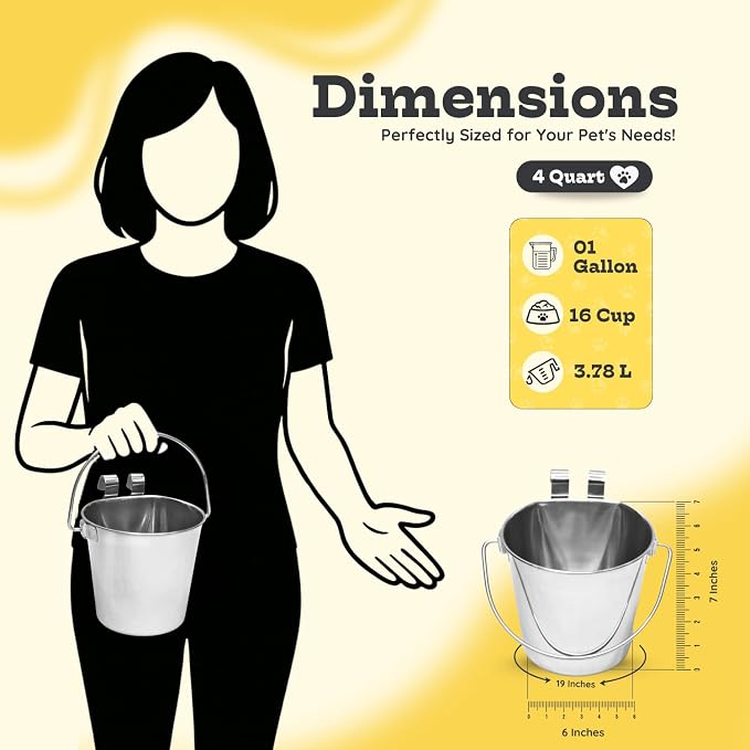 4 Quart Stainless Steel Flat Sided Bucket with Dual Hooks | 2 Pcs Durable Food & Water Bowl for Dogs Cats Goat & Livestock | Fits kennel Cage Critter Crate Hanging Pet Pail | Multipurpose - Image 7