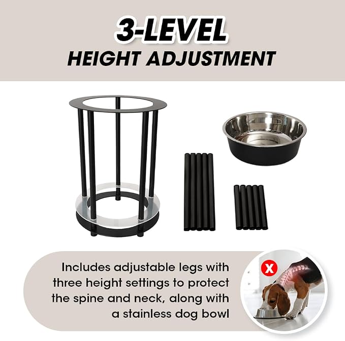 Elevated Dog Bowls, 32oz Stainless Steel Bowl, 3 Height Adjustable Single Dog Bowl Stand Raised Water Feeder for Large, Medium, Small Dog(Bowl Included) - MK2072A(Black) - Image 2