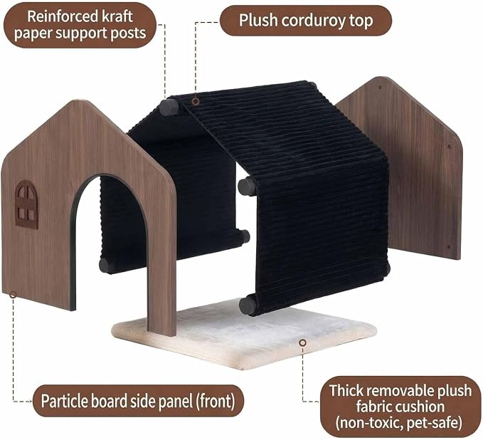 Wooden Cat House for Indoor Cats - Plush Corduroy Semi Enclosed Cat Condo, Dual Sided All Season Washable Cat Bed, Sturdy Modern Cat Furniture for Small & Medium Cats Up to 20lb/9kg - Image 3