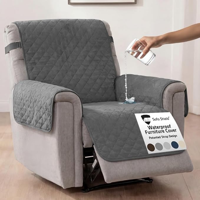 Sofa Shield 100% Waterproof Couch Cover with Patented Straps, Slip and Stain Resistant, Machine Washable Sofa Slipcover for Dogs Cats Pets Kids, 28 inch Seat, Large Recliner, Dark Gray by SofaShield