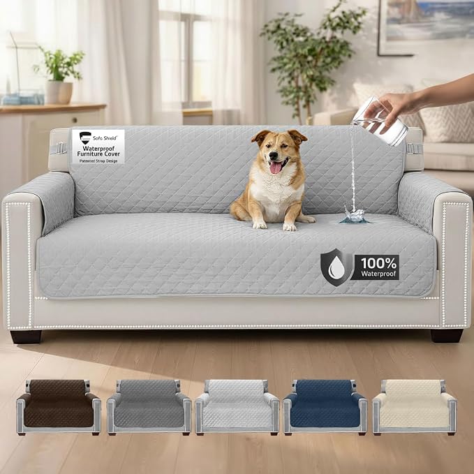 Sofa Shield 100% Waterproof Couch Cover with Patented Straps, Slip & Stain Resistant Furniture Protector, Machine Washable Sofa Slipcover for Dogs Cats Pets Kids, 70 inch Seat, Light Gray by SofaShield