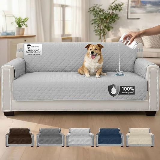 Sofa Shield 100% Waterproof Couch Cover with Patented Straps, Slip & Stain Resistant Furniture Protector, Machine Washable Sofa Slipcover for Dogs Cats Pets Kids, 70 inch Seat, Light Gray by SofaShield