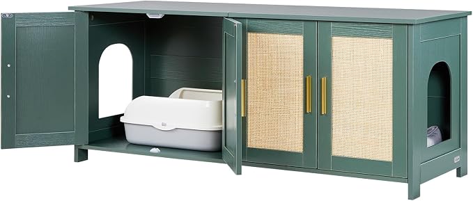 VEVOR Cat Litter Box Enclosure for Multi Cats, 47.2 in Hidden Litter Box Cabinet with 4 Rattan Doors & 2 Entries, Indoor Cat Washroom, Wooden Kitty House Furniture, Fit Most Litterboxes, Green - Image 12