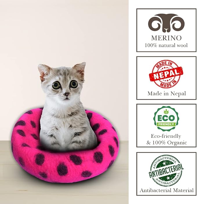 Woolygon Premium Felt Cat Cave Bed – Wool Kitty Beds Handcrafted Kitten Caves Bed for Indoor Cats - Made from Merino Wool, Foldable Cat Hideaway Covered Cat House Pod (Pink Polka) - Image 4