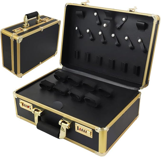Barber Case Clipper Bag Gold, Hair Kit Tool Box Aluminum Organizer with Portable Handle and Secure Numlock for Scissors, Clippers, Barber Supplies 15.7" x 12" x 6.1" by Kinglioncase