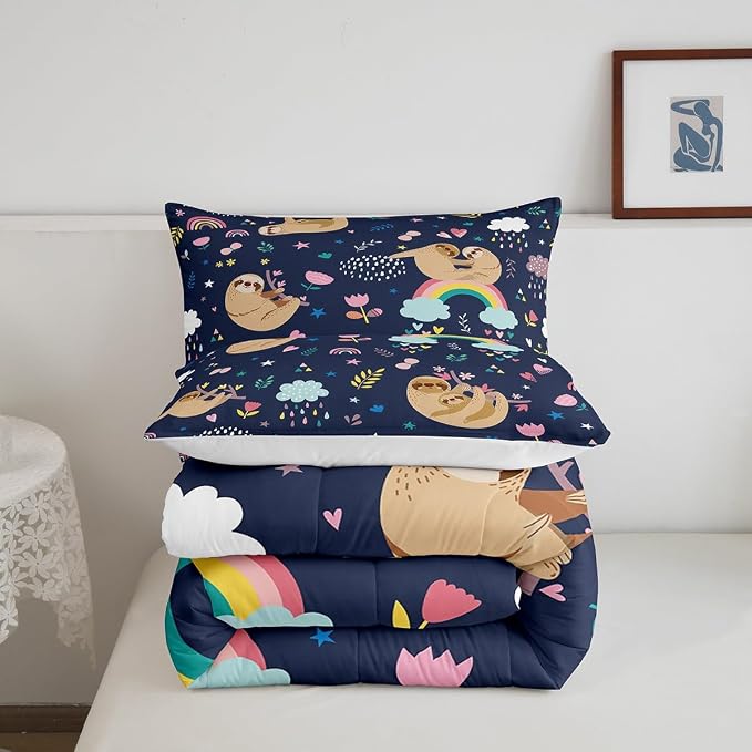 Homewish Cute Brown Sloth Comforter Set King Size, Cartoon Animal & Flowers Rainbow Print Bedding Set for Kids Girls Boys Teens, Watercolor Quilted Duvet with 2 Pillowcases Decor Bedroom, Dark Blue - Image 5