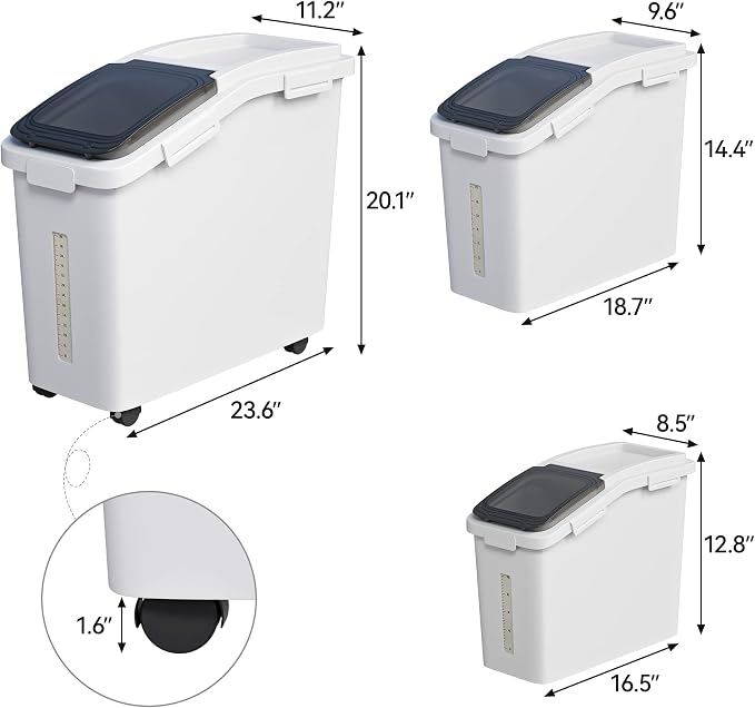 YITAHOME Ingredient Storage Bin, 20.6 Gallons(11.4+5.8+3.4 Gal) Capacity Shelf Bin,500 Cups Flour Bins with Wheels Commercial Shelf-storage Ingredient Bin with Scoop and Lid,Rice Bin for Kitchen,White - Image 6